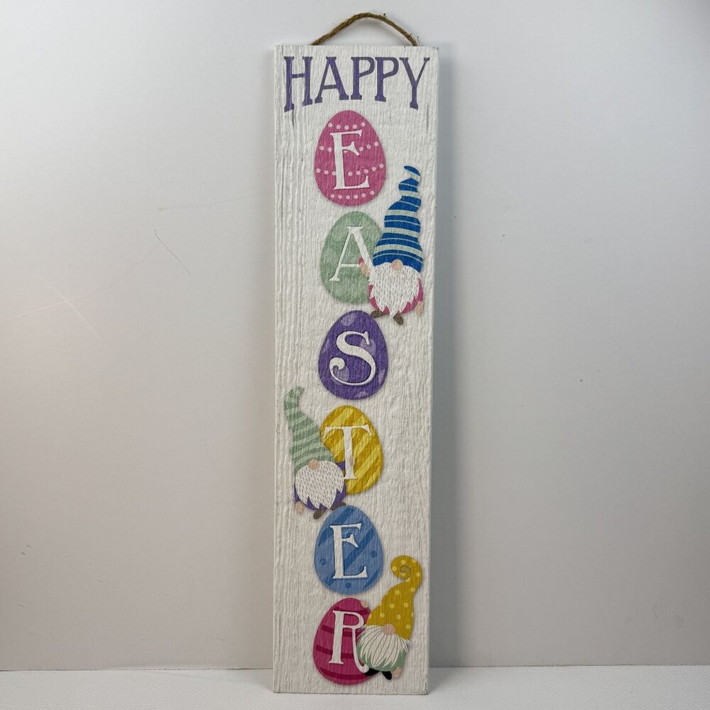 Happy Easter Egg and Gnome Stand-Out Vertical Sign Hanging Rope Siding Board 24"